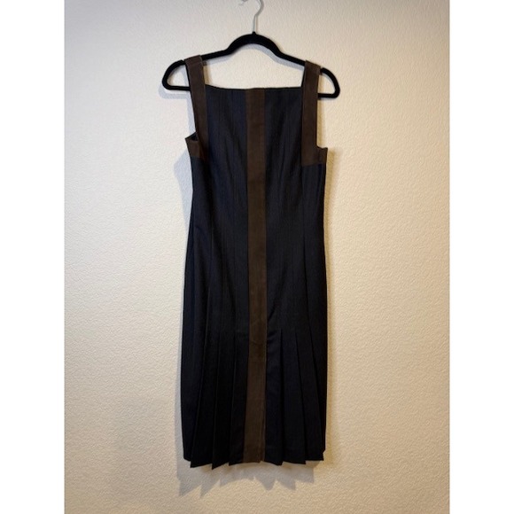 Akris Dresses & Skirts - Akris Wool Suede Trim Pleated Midi Dress Navy Blue Brown US 6